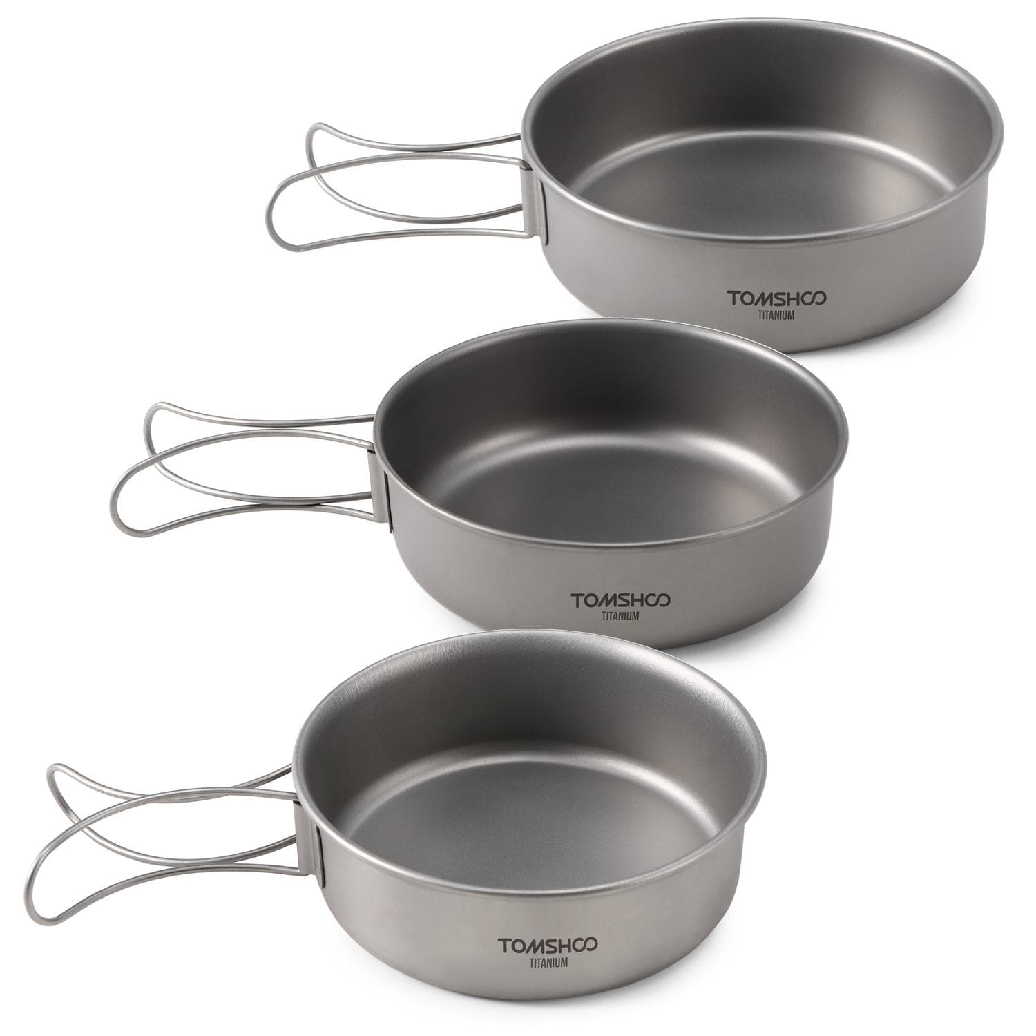 TOMSHOO 3pcs Titanium Bowls Set Ultralight Titanium Dinner Bowl Pan with Foldable Handles for