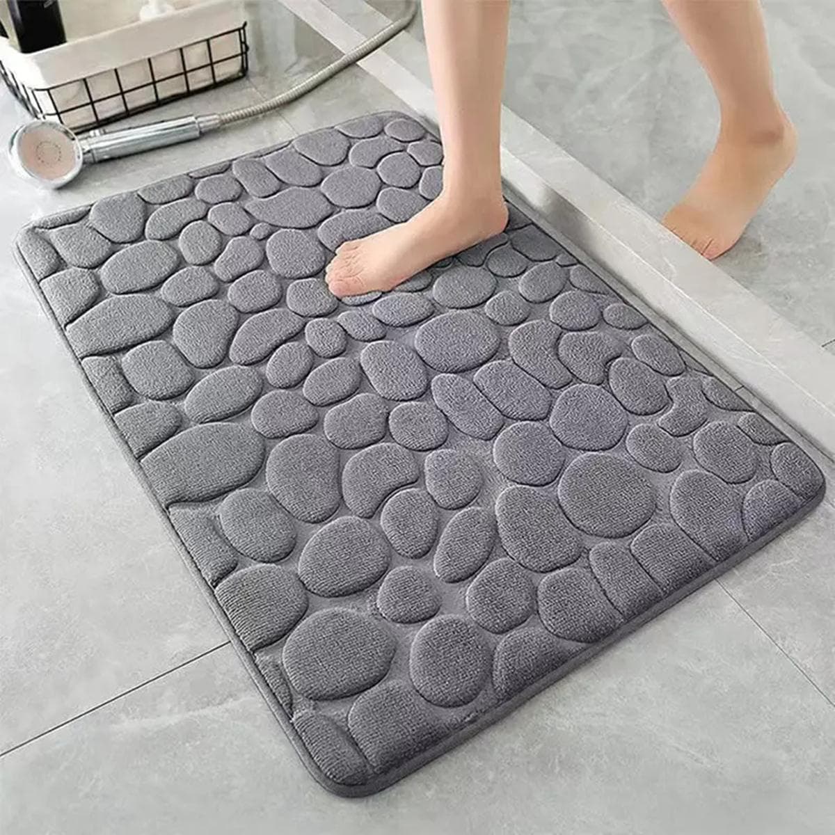 3D Non Slip Bathroom Mat Bath Mats Absorbent Doormat Carpet Cobblestone Embossed Door Floor Mats Machine Washable Quick Drying 40cm x 60cm grey