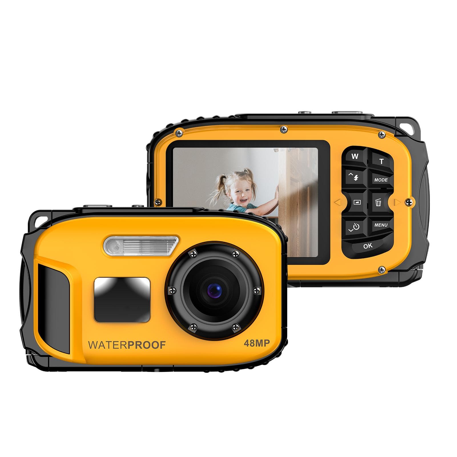 1080P Waterproof Digital Camera 48MP Digital Video Camera 2.4 Inch IPS Screen IP68 5M Body yellow