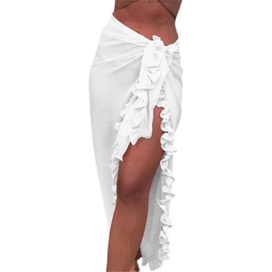 Women Beach Skirt Ruffle Breathable Solid Split Lace Color High Up Beachwear Sunscreen Mid-calf white