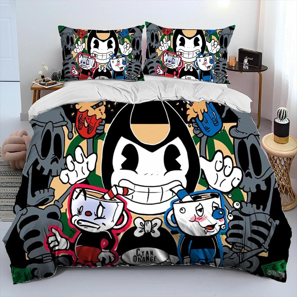 Cuphead and Mugman,Game Gamer Comforter Bedding Set,Duvet Cover Bed Set Quilt Cover Pillowcase,King Queen Size Bedding Set Boys 150x200cm 3pcs