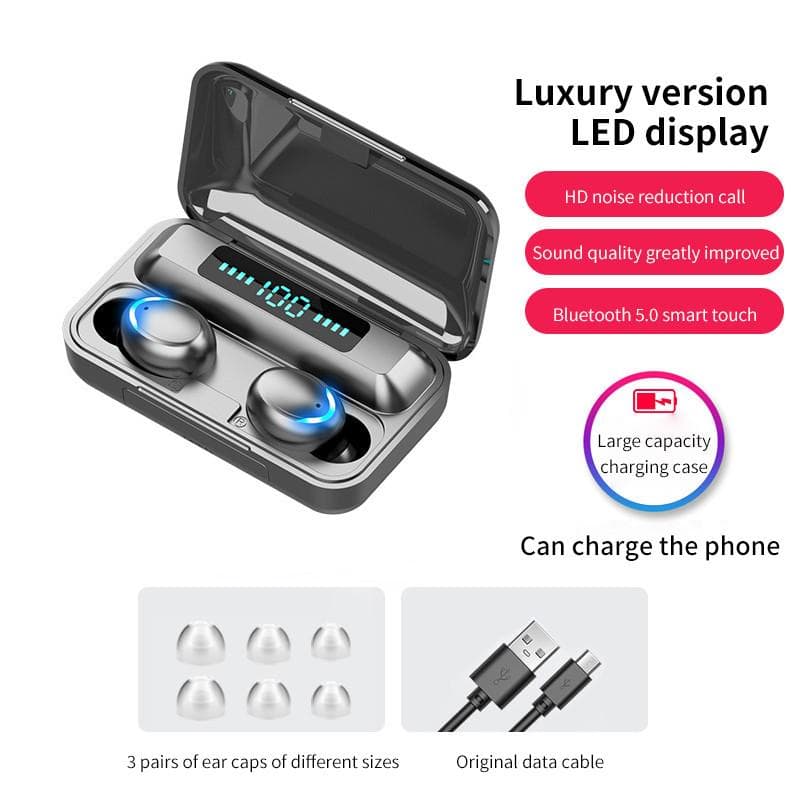 F9 HiFi Bluetooth 5.0 CVC8.0 Noise Reduction Stereo Wireless Bluetooth Headset With Power Bank Chagring Case black