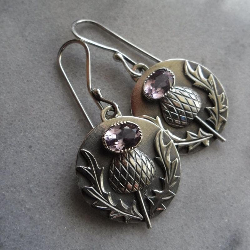 Retro bauhinia earrings national style ancient silver inlaid with purple rhinestone earrings silver