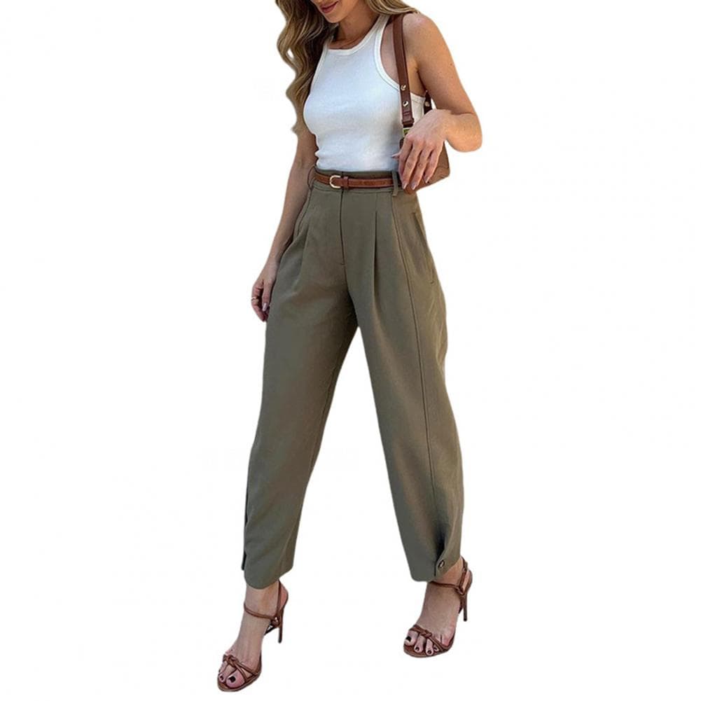 Women Suit Pants High Waist Buttons Zipper Fly Loose-Fit Solid Color Trousers with Pockets Commuting Style Long Pants L army green