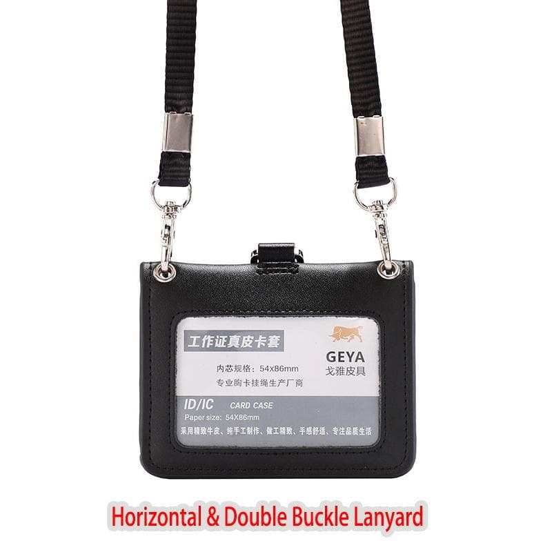 Genuine Leather ID Card Holder Reporter Police Office Worker Neck Lanyard Badge Name Tag Chest Cards Cases Business Work Card Credit Card Holder Horizontal&Double Buckle Lanyard
