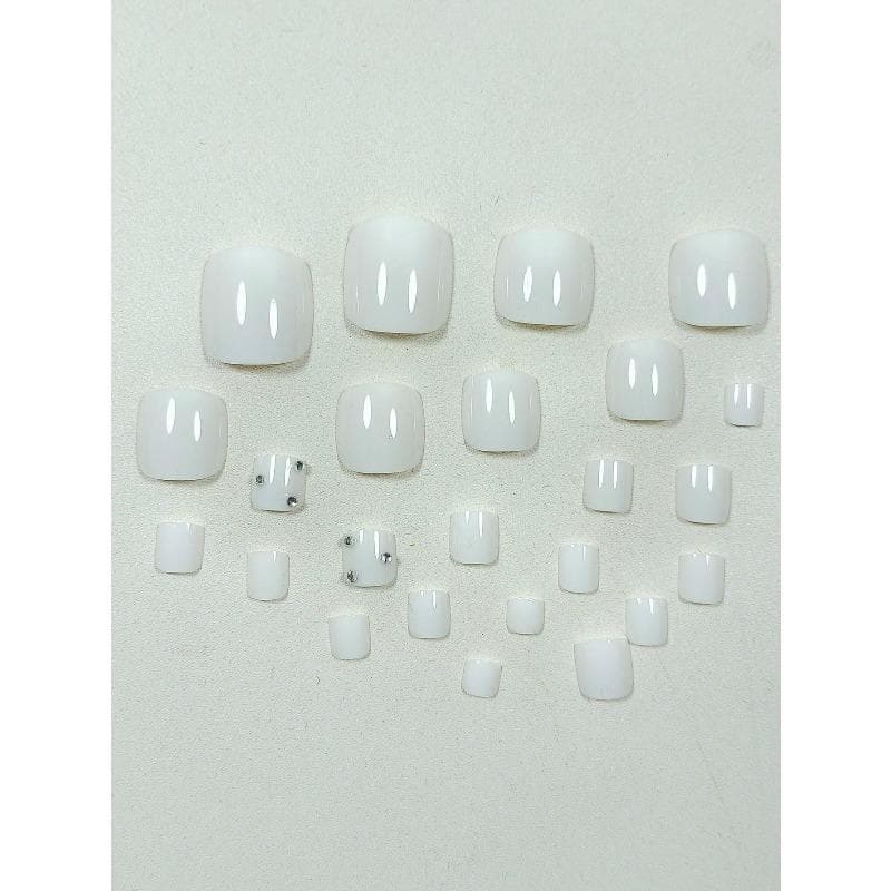24pcs Handmade White Square False Toe Nails With Rhinestones, Suitable For Dating, For Toes Press On Nails Toe Nail Supplies white
