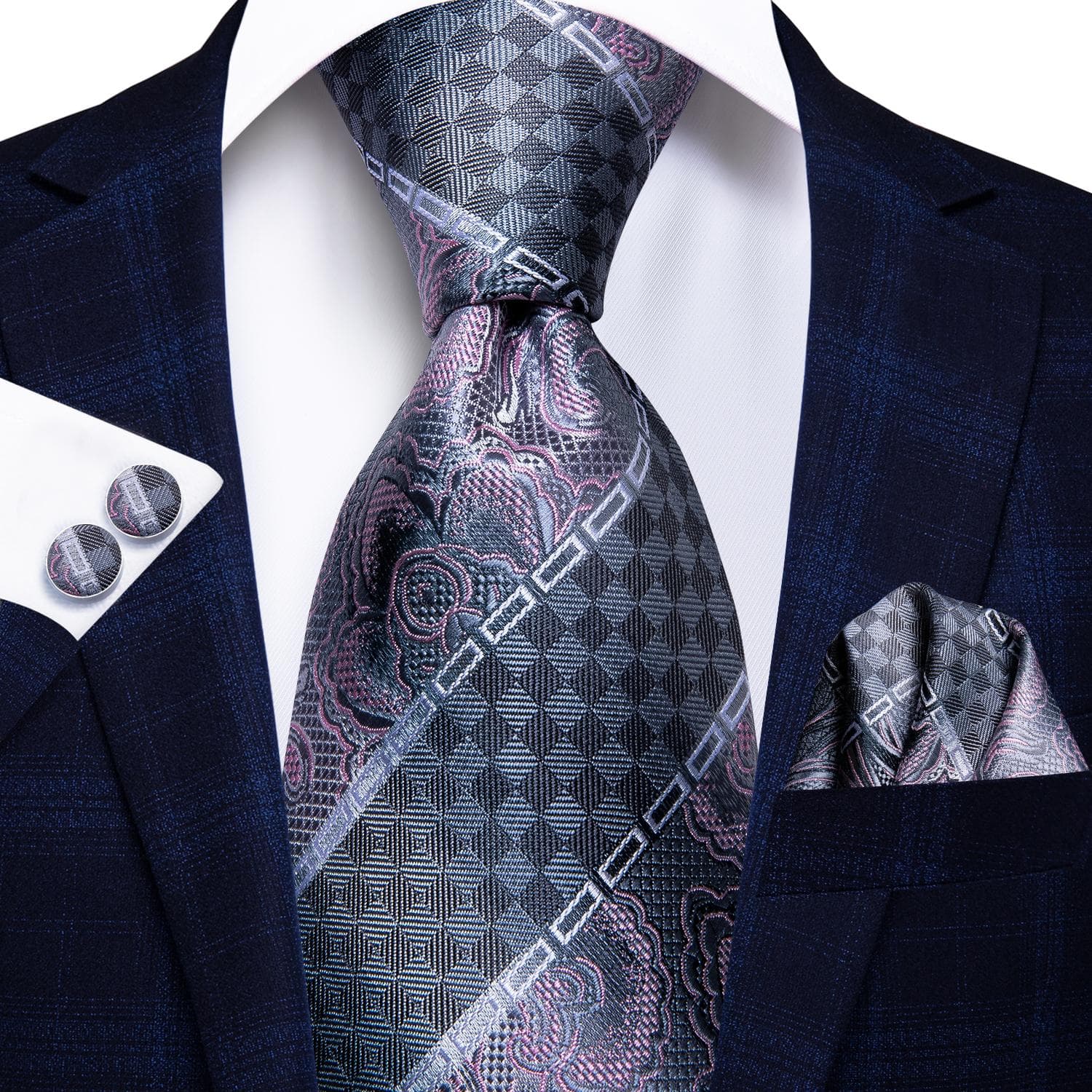 Hi-Tie Mens Accessories Silk Tie Handkerchief Cufflinks Set for Wedding Party Floral Solid Necktie N-3029