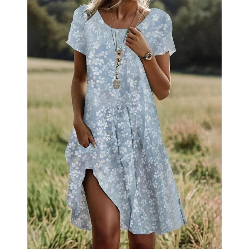 YYFS Women's Fashion Summer Spring Polka Dot Print Short Sleeve O-Neck Loose Waistline Casual Dresses S light blue