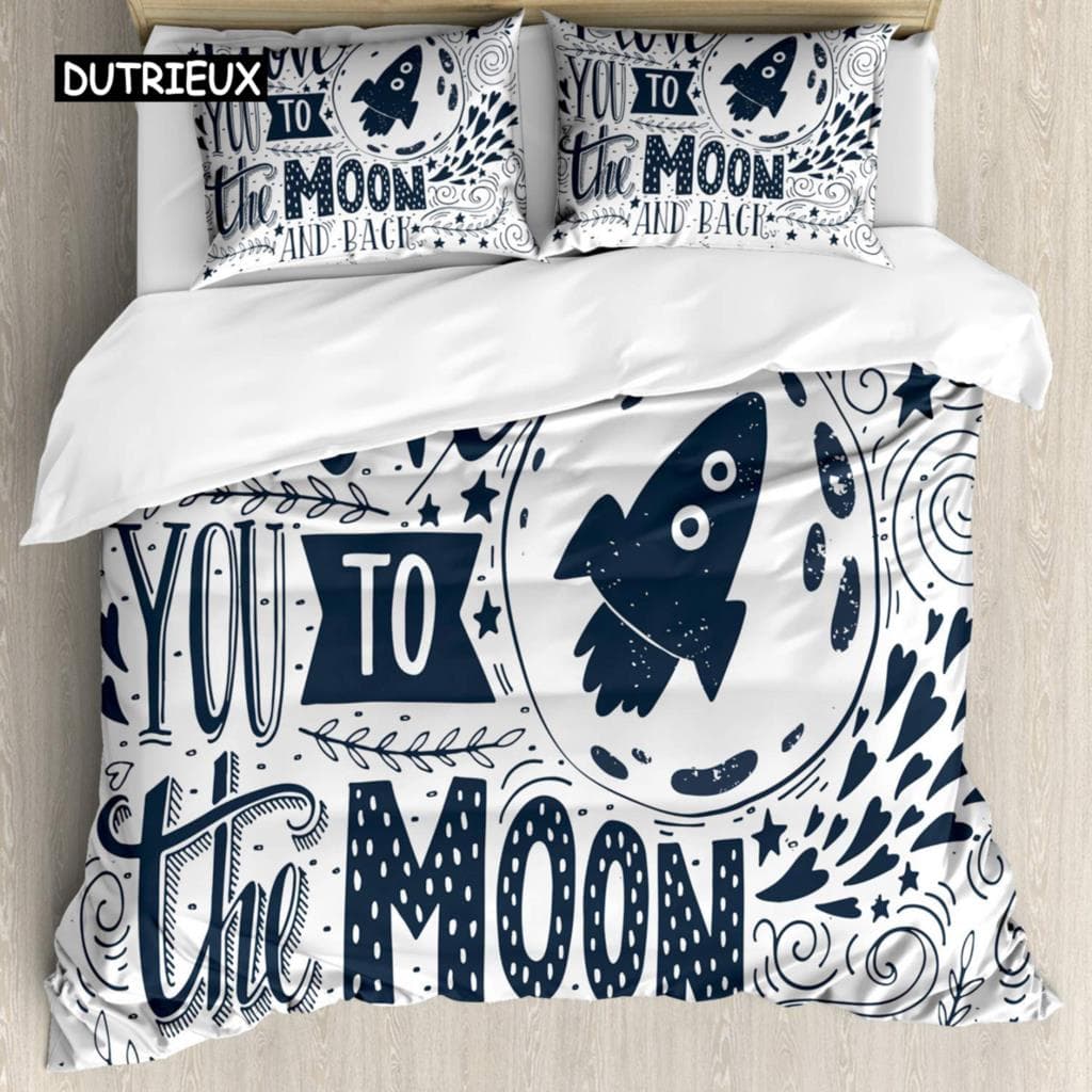 I Love You Duvet Cover Hand Drawn I Love You To The Moon and Back Words with Stars Celebration King Size Polyester Bedding Set EU single(135x200cm)