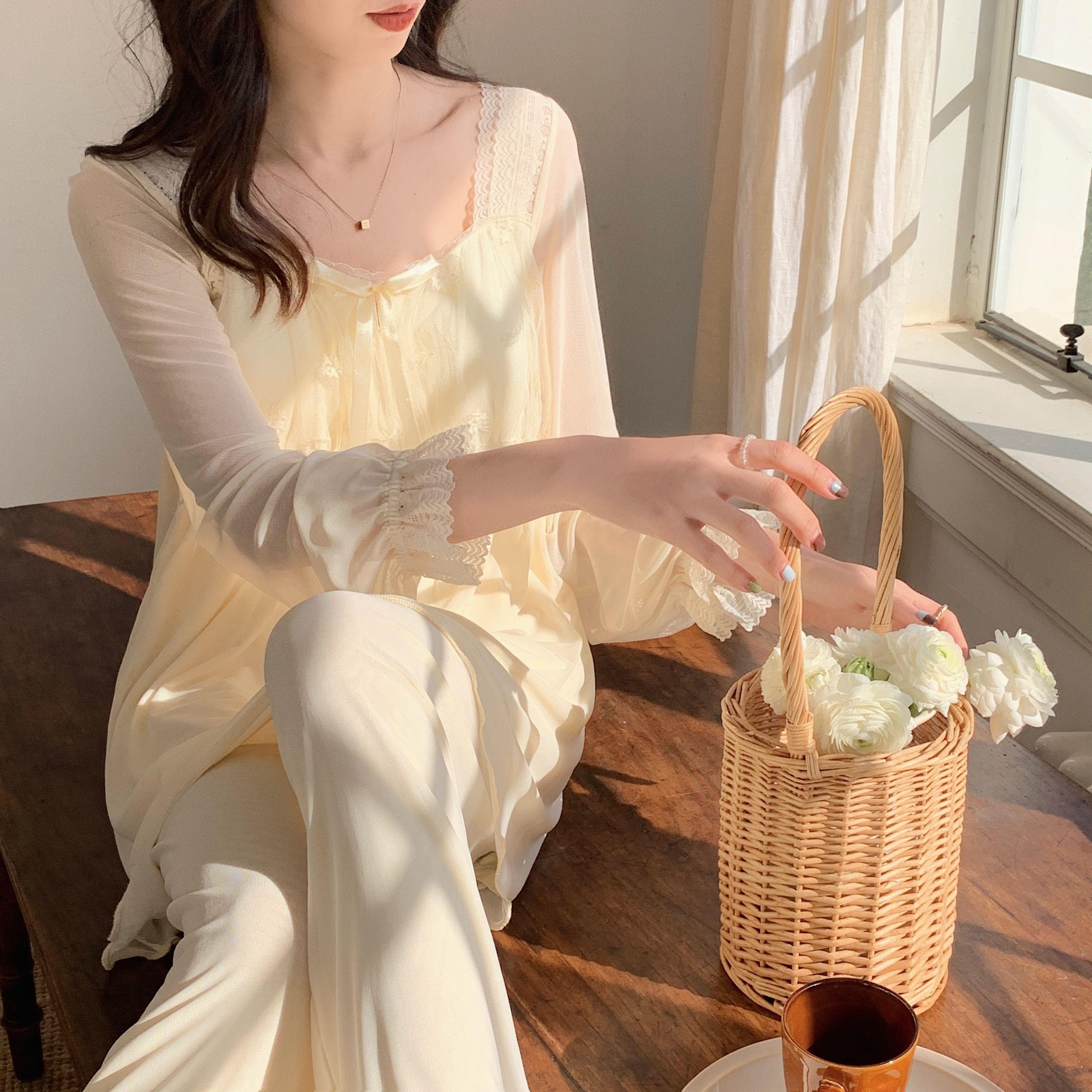 V-neck Summer Pajamas for Women Pajama Women Spring and Autumn Long Sleeve Modal Lace Mesh Sweet Princess Style Home Dress Set XL