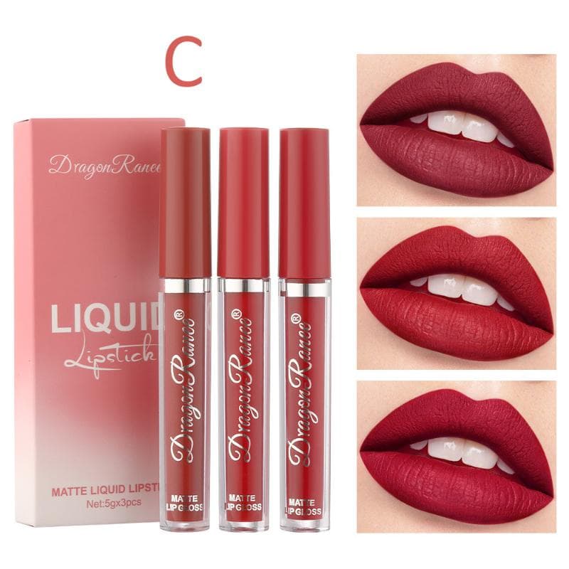 Makeup 3 Color Matte Lip Glaze Set Matte Waterproof Non-stick Cup Air Velvet Lip Gloss Lipstick Set Box C