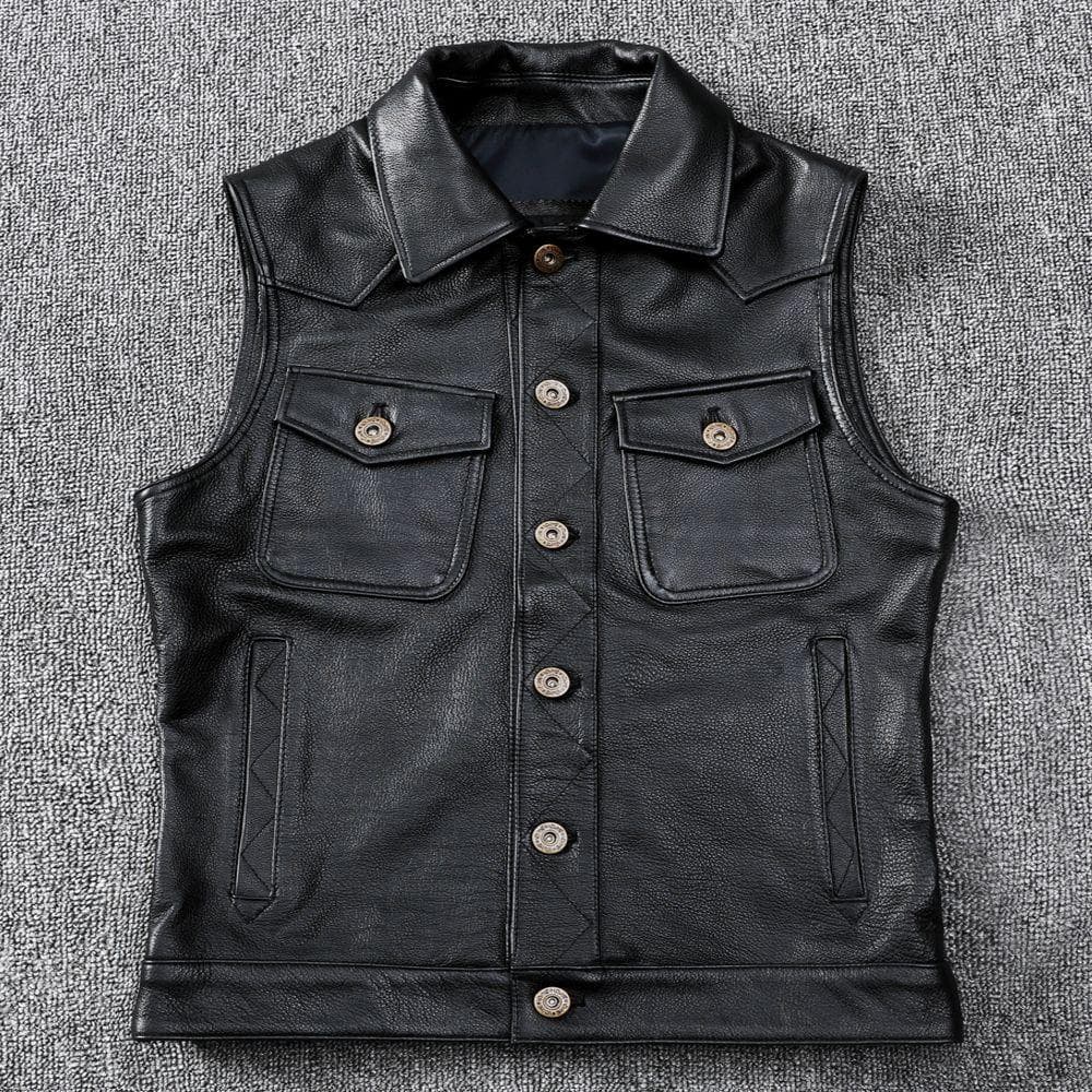 Tough Guy Motorcycle Leather Vest Pure Head Layer Cowhide Leather Vest Lapel Short 2XL