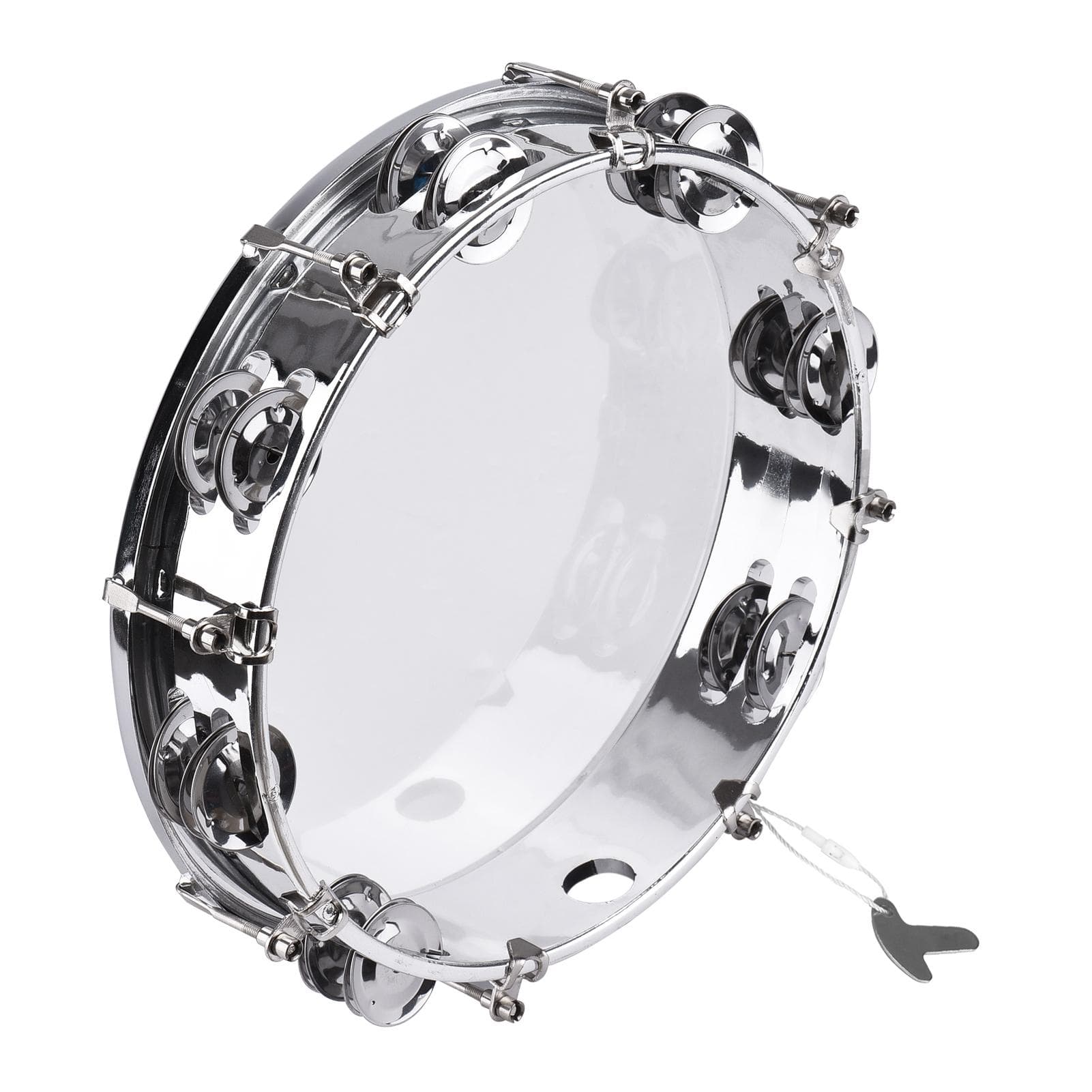 Tambourine Handbell Hand Drum with Double Row Jingles Percussion Instrument 10-inch silver