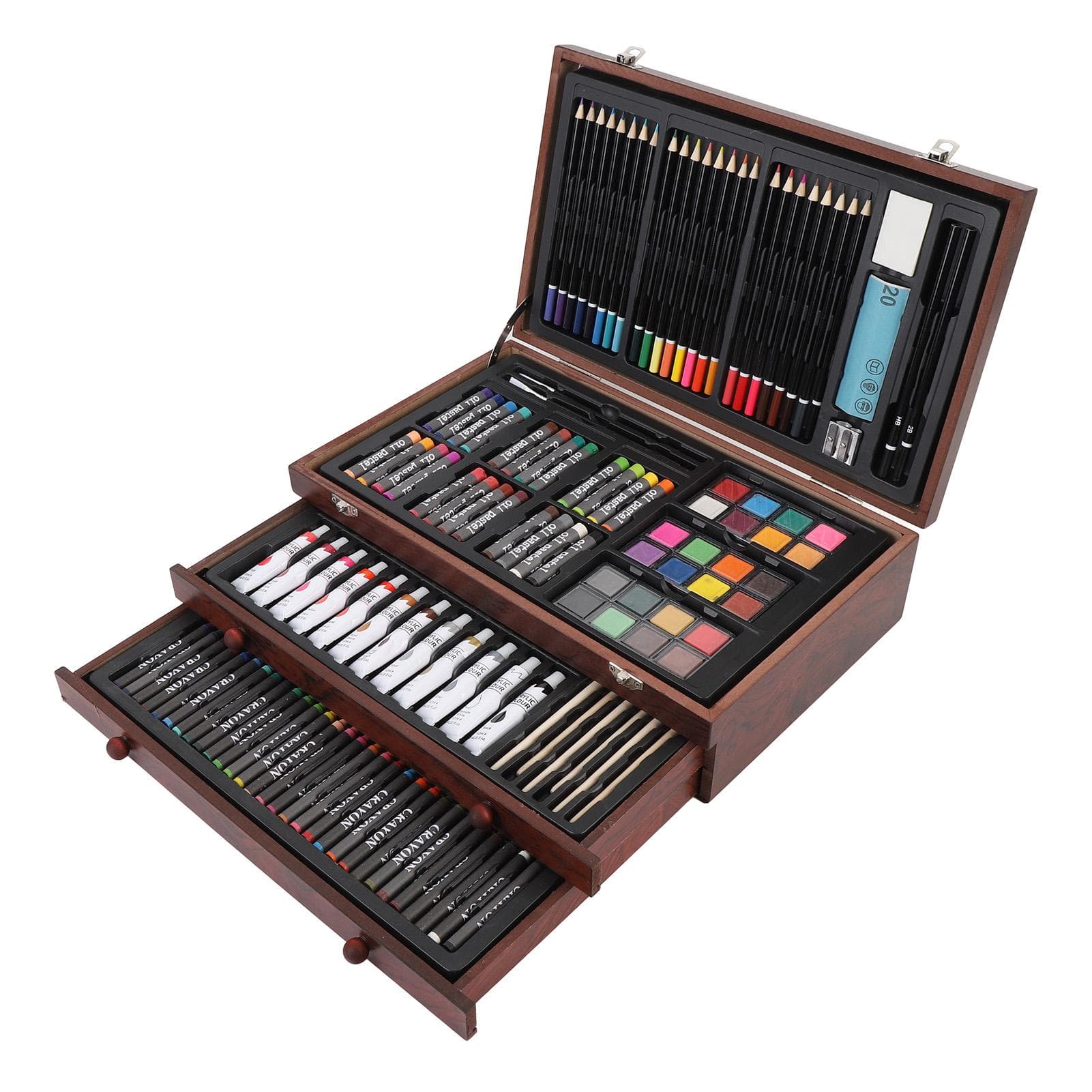 142PCS Set Wooden Art Set 24PCS Colored Pencils 24PCS Oil Pastels 60PCS Crayons Watercolor Paints