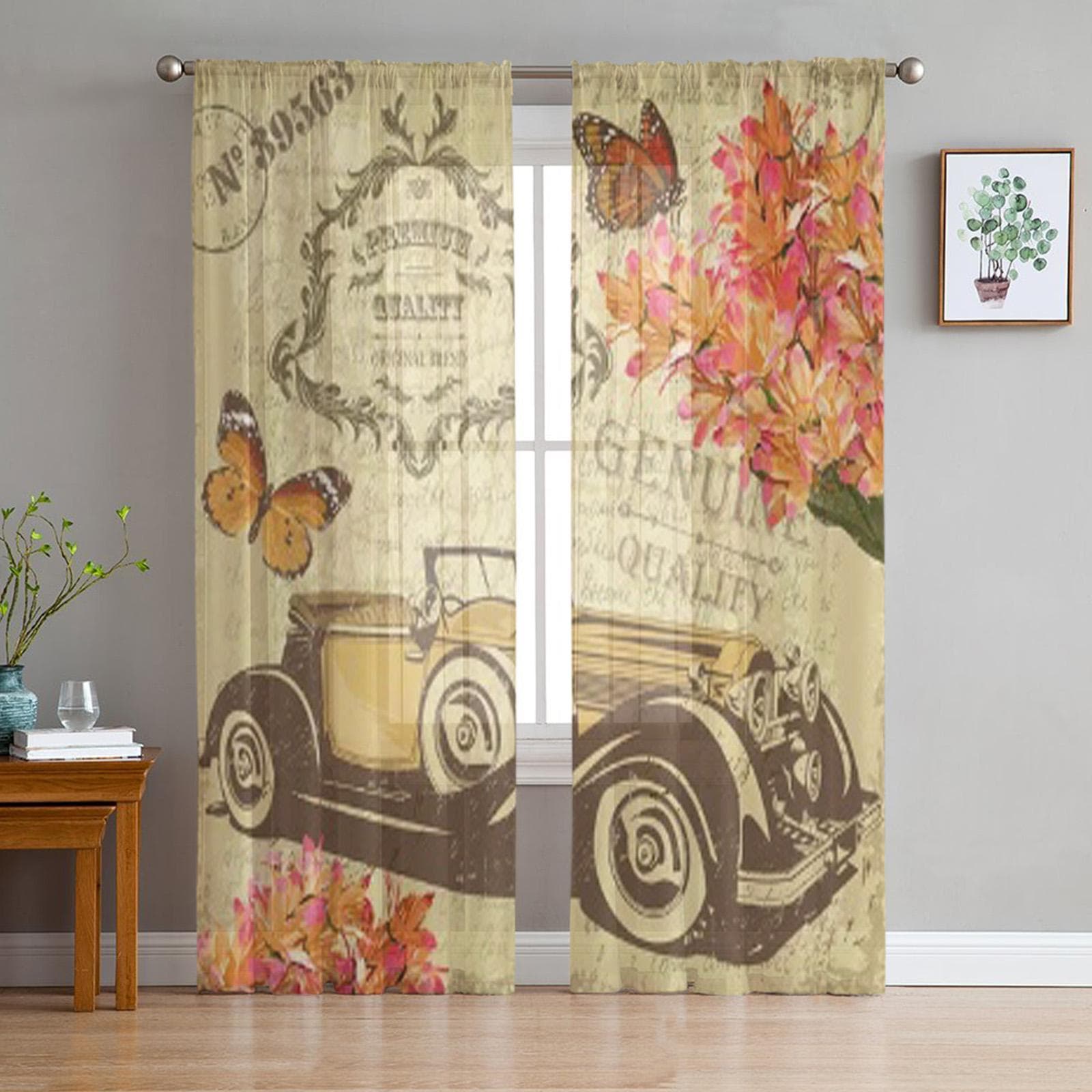 Vintage Retro Car Butterflies And Flowers Sheer Curtains for Living Room Tulle Window Curtain Bedroom Kitchen Veil Drapes 135W x 114H(cm)