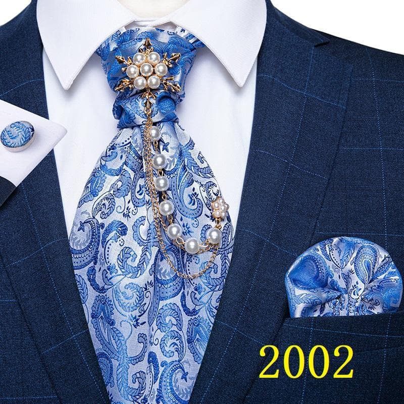 Vintage Paisley Wedding Formal Cravat Ascot Scrunch Self Gentleman Polyester Silk Casual Scarf Tie with Brooch Pin 2002