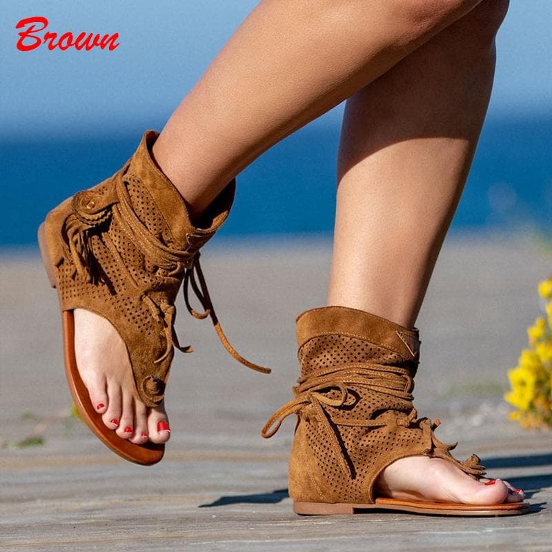 Women's Rome Ladies Clip Toe Vintage Boots Tassel Sandals Gladiator Retro Fashion Summer Casual 41 brown