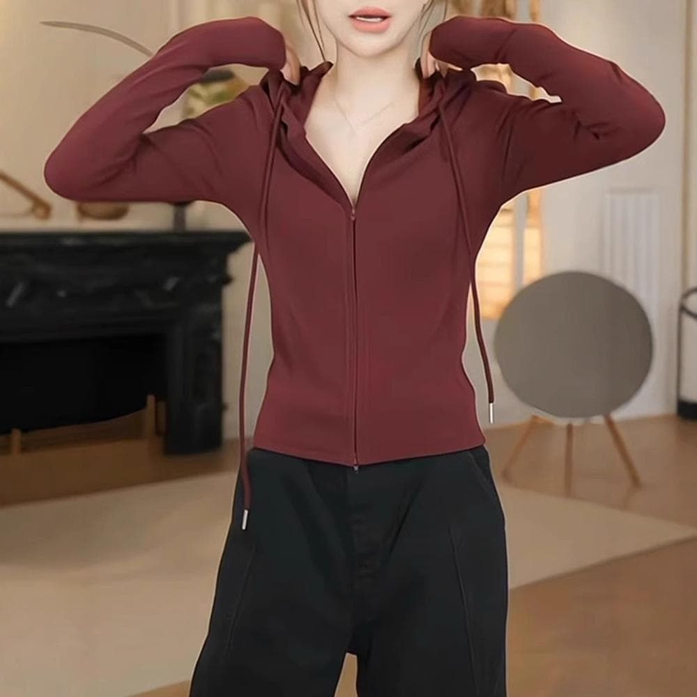 Design Sense of Encore Red Hooded Double Zipper Cardigan Jacket Women's Waist-Close-Slimming T-Shirt Top XL