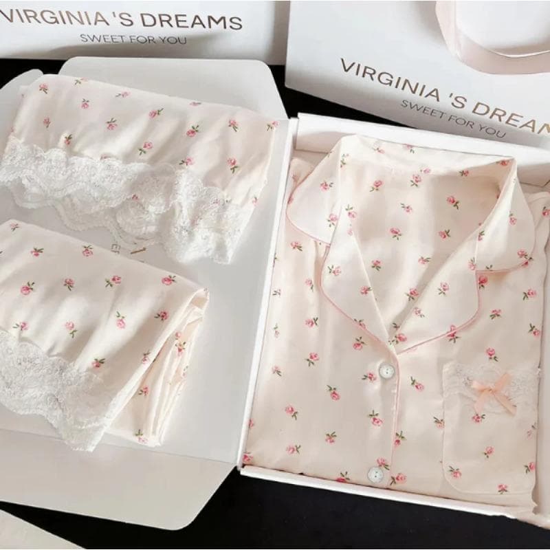Elegant Flowers Print Three-piece Pajamas for Women Simulated Silk Classic Female Casual Lounge New Spring Lady Sleepwear XL