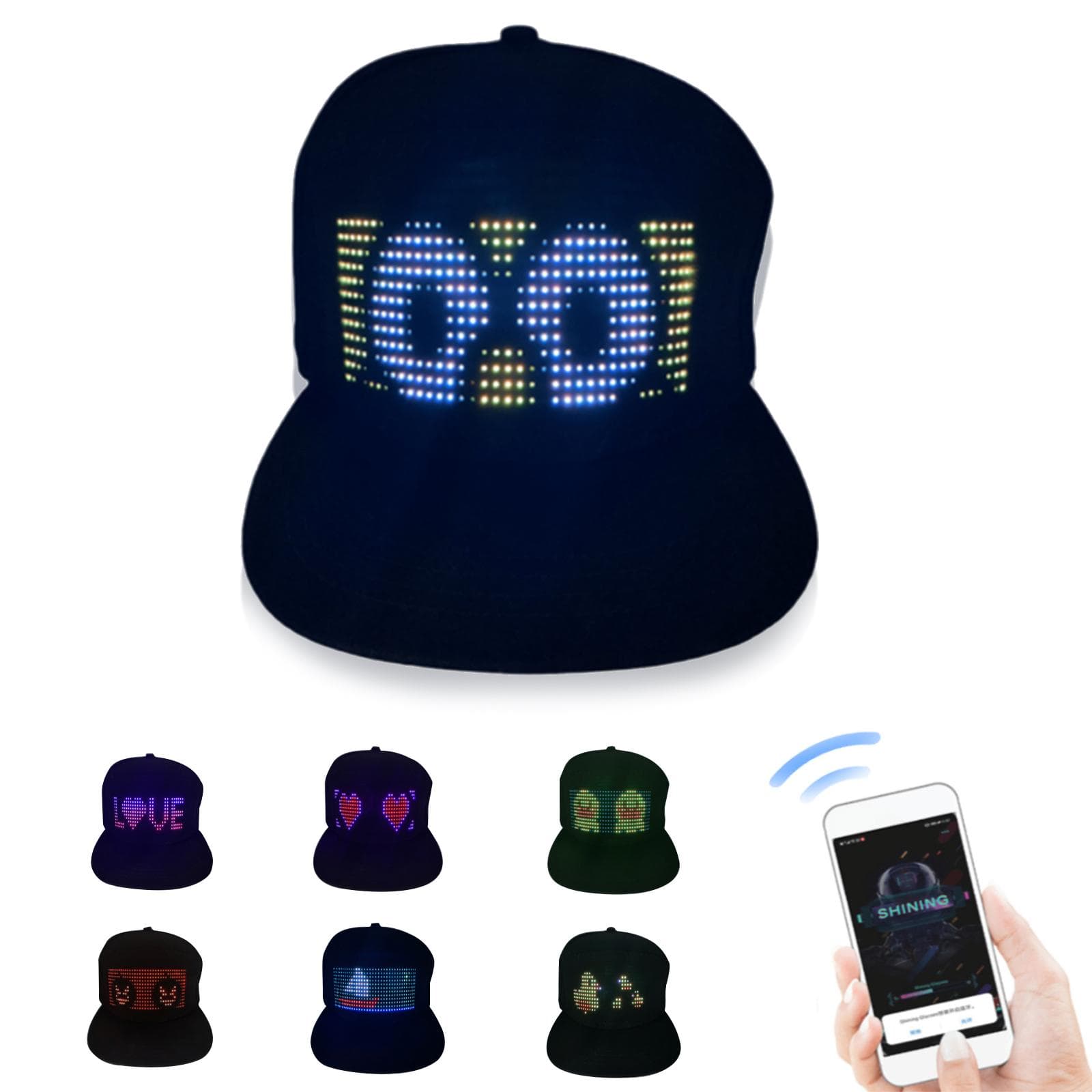 LED Hats LED Display Message Caps LED Light up Customizable BT Hat DIY Messages 22 Animations 20 black