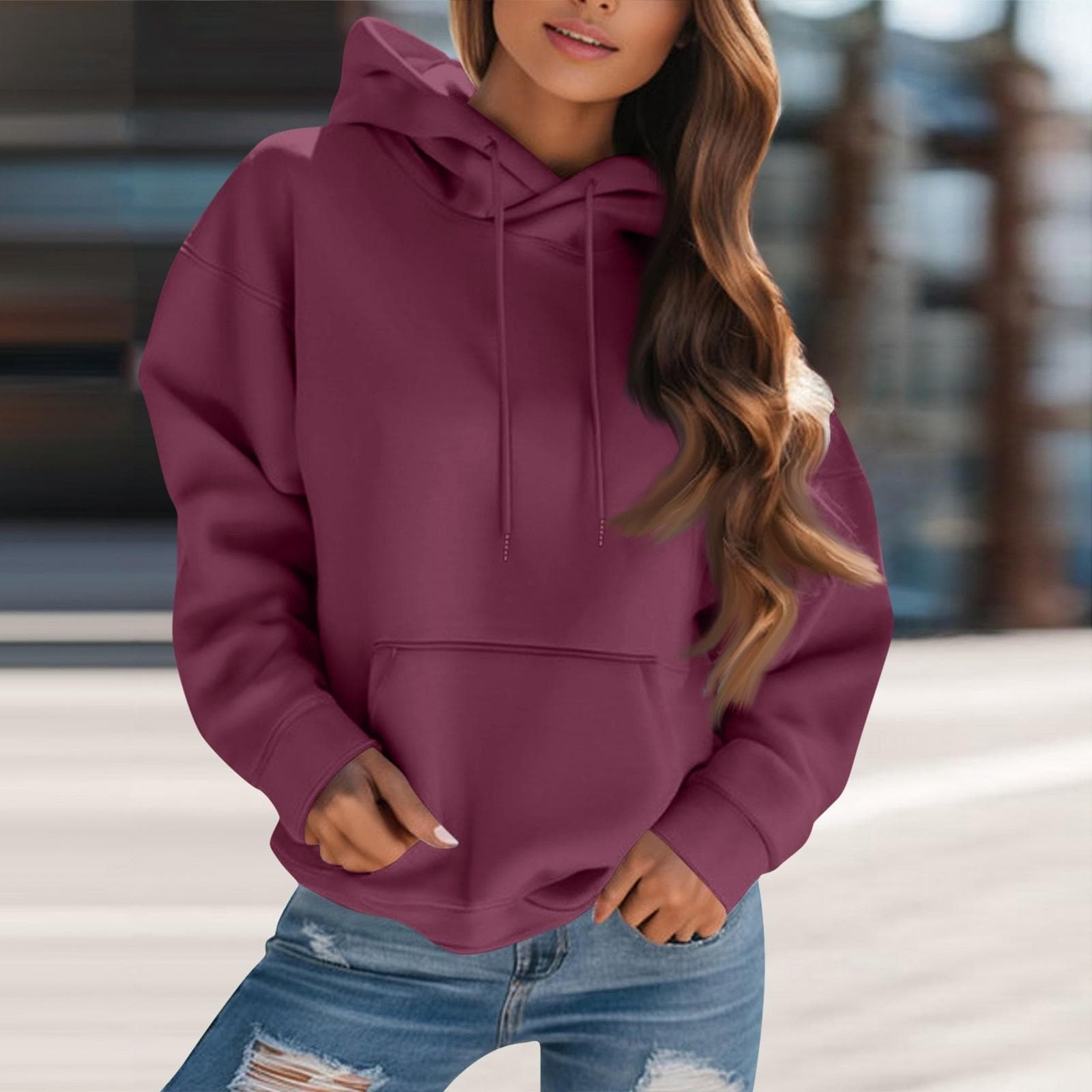 Women's Fashion Solid Color Hooded Drawstring Long Sleeve Loose Pullover Sweatshirt Top L wine