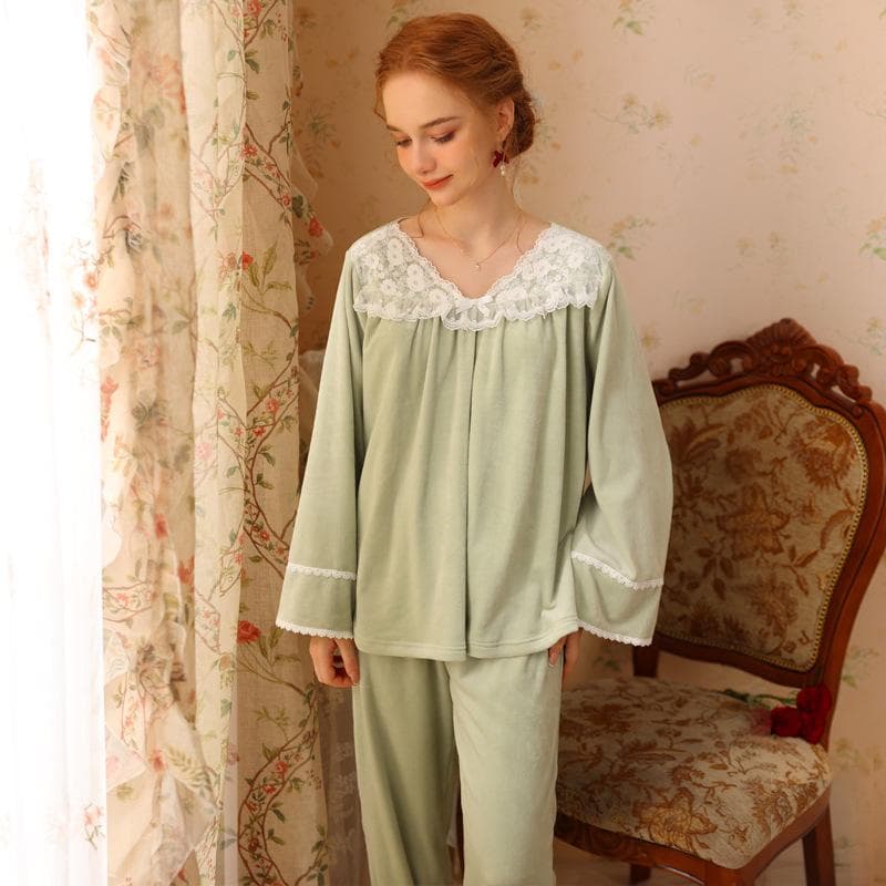 Autumn Winter Coral Fleece Pajama Set Women's Thickened Warm Home Wear Court Princess Sweet Flannel Intimate Lingerie Sleepwear XL