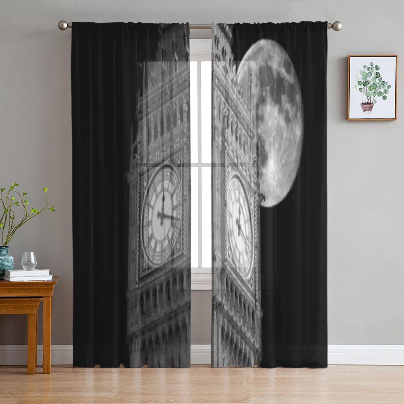 Big Ben Against A Big Moon Black And White Tulle Sheer Curtains for Living Room Kitchen Decoration Voile Organza Curtains 135W x 114H(cm)