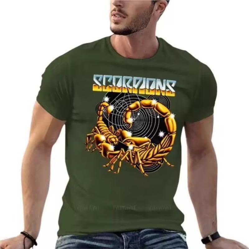 Scorpions Rock Heavy Metal Band Logo O Neck Short Sleeved Shirt Oversized T-Shirt Mens Clothes 3D Print Streetwear Large Size Tops Tee L army green