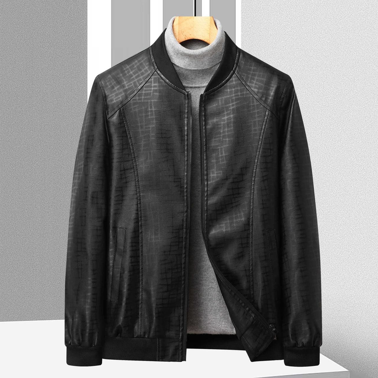 Spring and Autumn Men's Fine Plaid Thin Leather Jacket Men Korean Slim Baseball Collar Fashion Leather Men 3XL