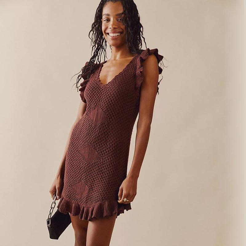 New Summer Women's Solid Color Slim Black Ears Sleeve Mid-waist Ruffle-edged Dress L brown