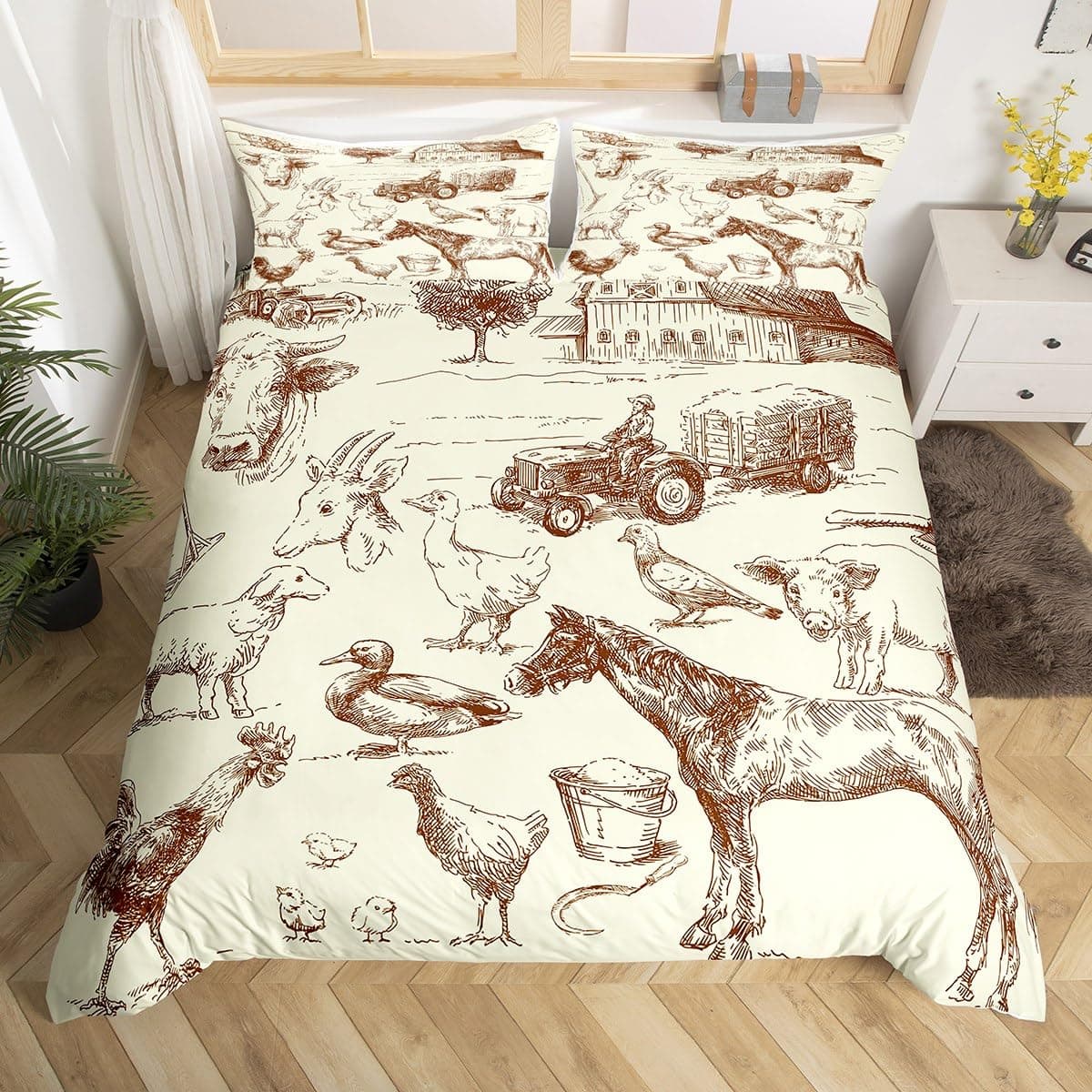 Hen Rooster Print Bedding Duvet Cover Set Cute Chick Comforter Cover Set for Room Decor Full King Size with 2 Pillow Case 3 PCS EU single(135x200cm)