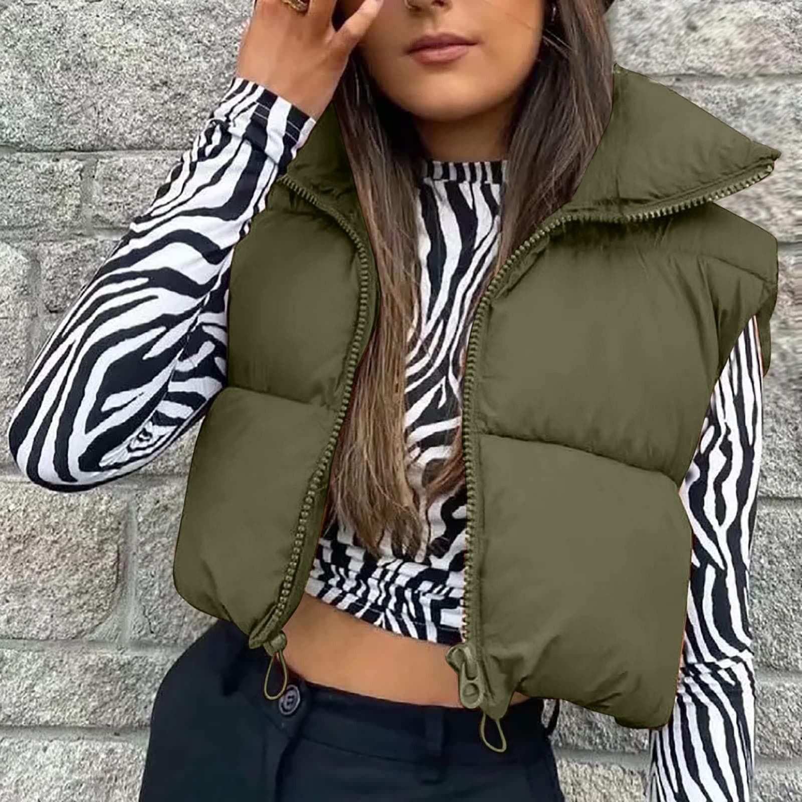 Women's Winter Tank Top Sleeveless Bomber Lightweight Stand Collar Zip Solid Quilted Vest M army green