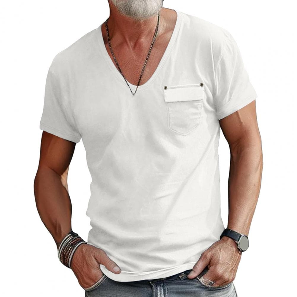 Men Summer T-shirt V Neck Short Sleeves Solid Color Stretchy Chest Pocket Thin Quick Dry Simple Style Casual Daily Wear Sport To M white