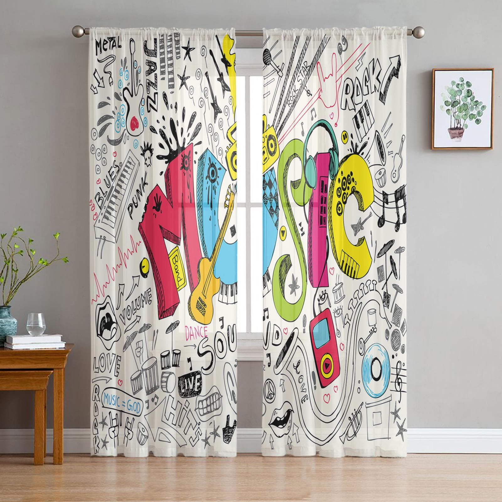 Musical Note Black White Sheer Curtains for Living Room Voile Curtain Bedroom Bathroom Tulle Curtains Window Drapes 135W x 114H(cm)
