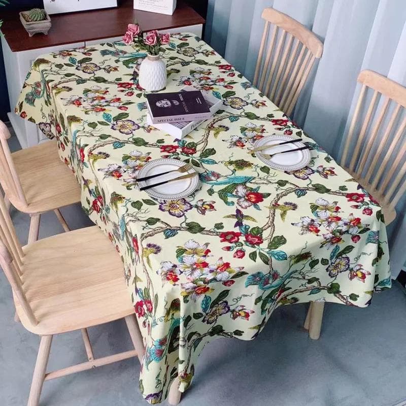 Cotton Linen Floral and Bird Printed Tablecloth Chinese Luxury Tea Table Mats Rural Style Rectangular Dustproof Tabletop Cover 140x100cm