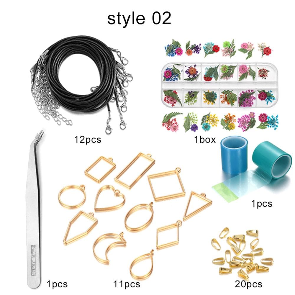 DIY Jewelry Making Kits Set Resin Silicone Mold Hollow Glue Blank Pendant Base Settings Dried Flower Jewelry Making Tools Set Style 02