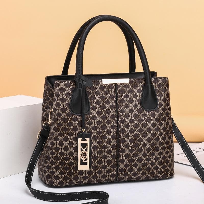 Spring and Autumn Female's Fashion PU Leather Printing Large Capacity Retro Shoulder Bag MIT black