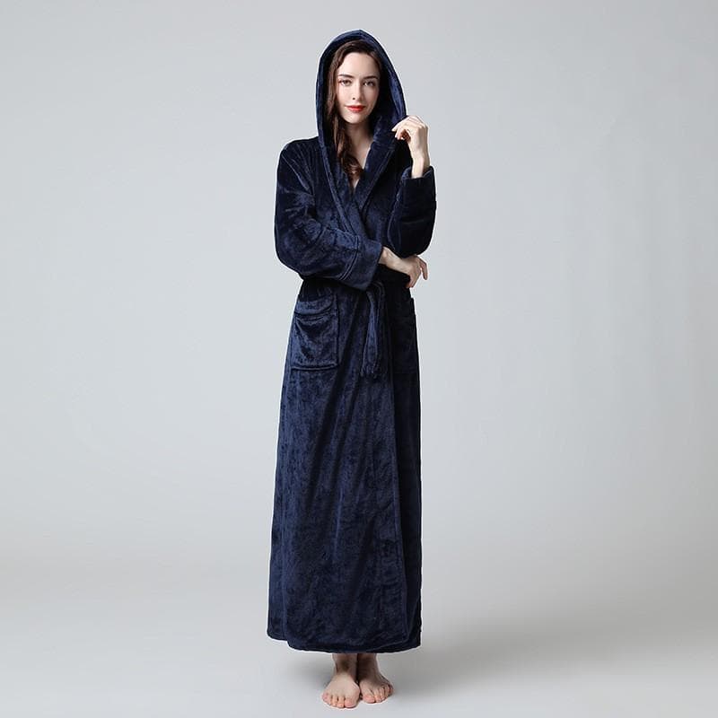 Extra Long Winter Coral Fleece Bathrobe Women's Hooded Warm Kimono Bathrobe Comfortable Kimono Shower Robe Loose M