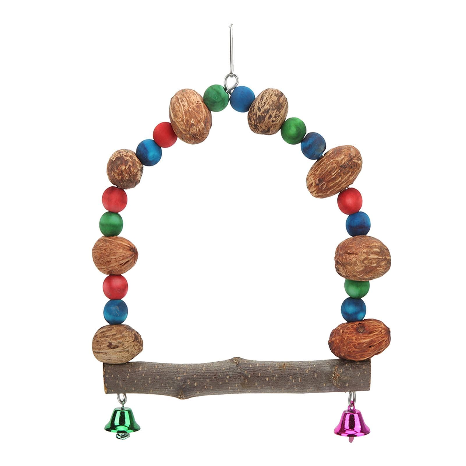 Bird Swing Toy Wooden Colorful Pecans Healthy Hanging Bird Perch with Bells for Parakeet CockatielS S