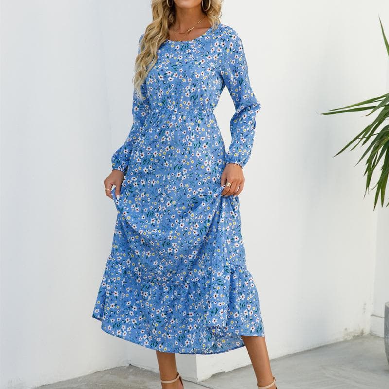 GMXIA Women's Fashion Summer Spring Floral Print Long Sleeve Casual Dresses M