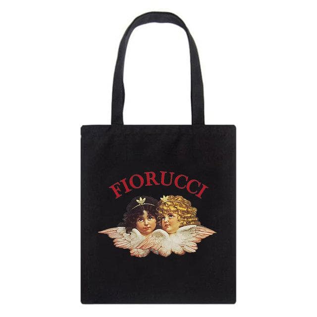 Fiorucci Letter Angel Cartoon Casual Vintage Large-capacity Fashion Harajuku Canvas Bag Hip Hop Shopping Bag Women Shoulder Bags 34*42cm
