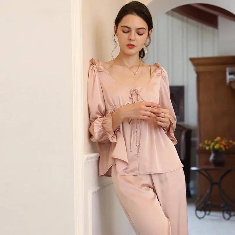Ice Silk Pajamas Women's Long-sleeved Suit Spring and Autumn Thin Palace Style Retro Sweet Sexy Age-reducing Home Clothes Summer XL