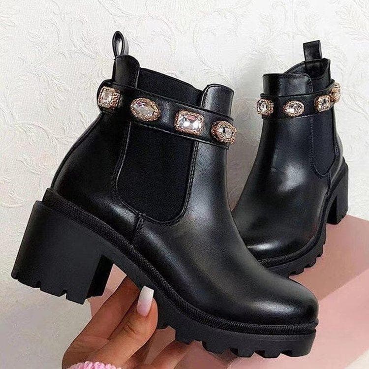 New Women Ankle Boots Crystal Rhinestone Slip On Platform PU Leather Women's Booties Spring Autumn Females Footwear 39 black