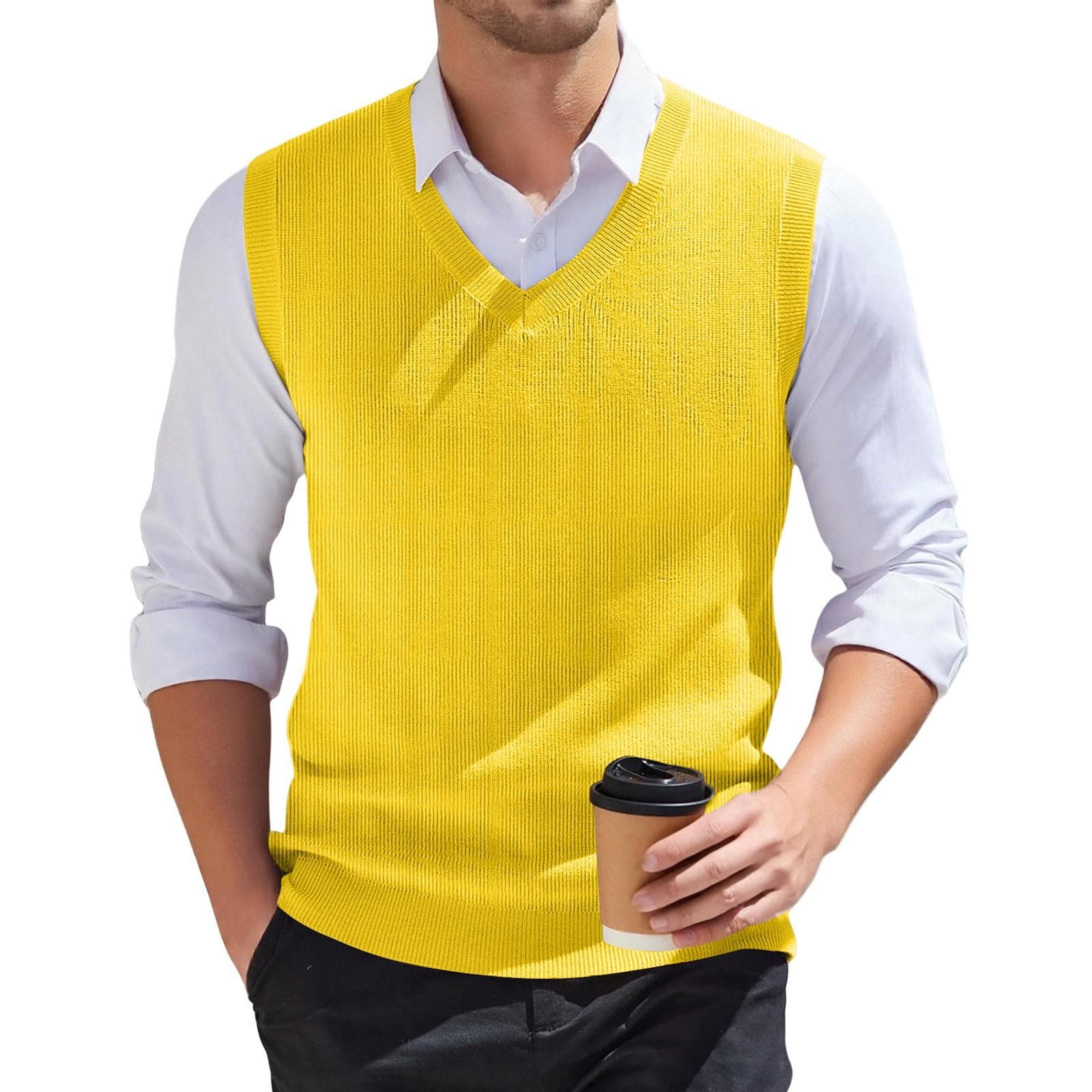 Men's V-neck Vest Sleeveless Knitted Pullover L yellow