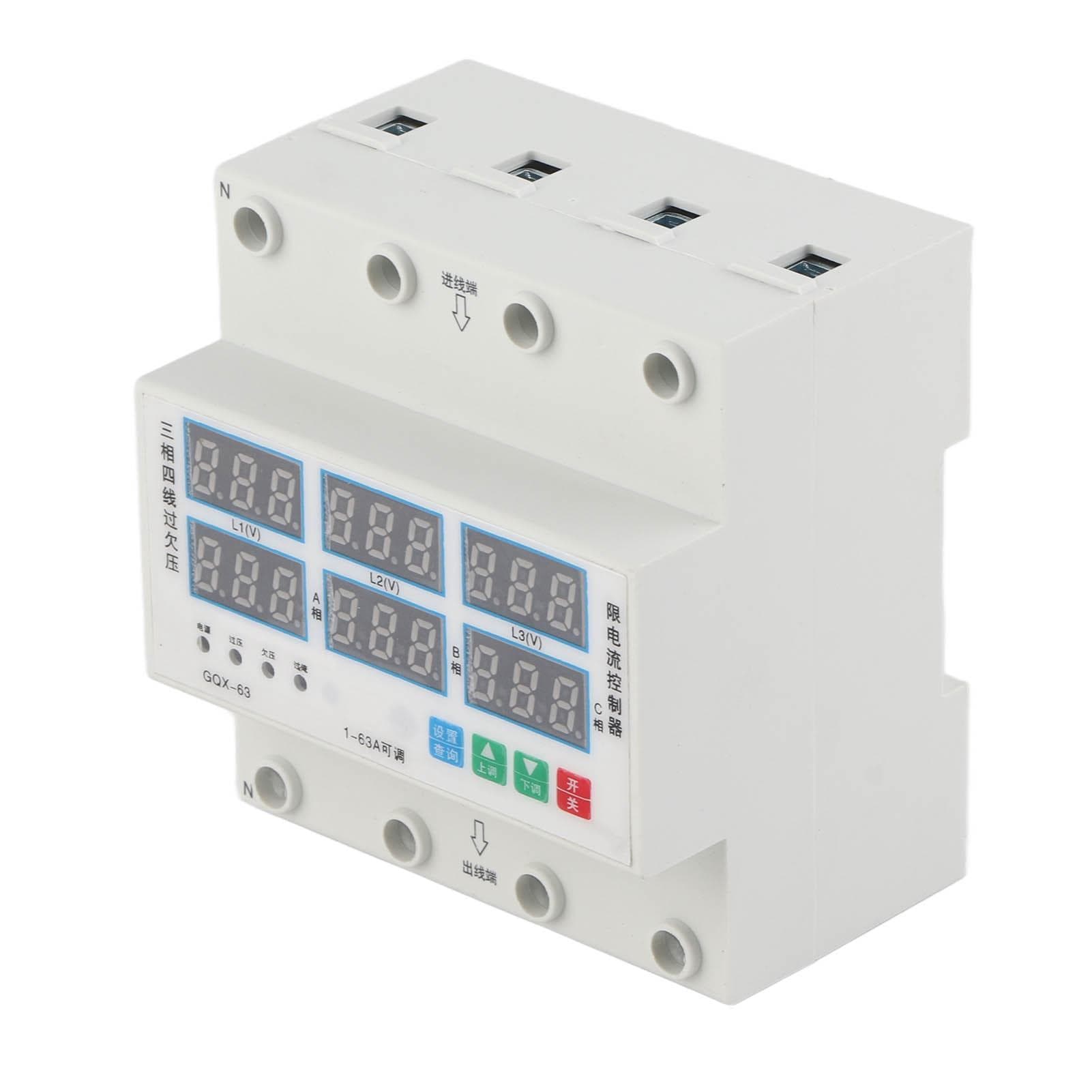 3 Phase DIN Rail Voltmeter Ammeter Adjustable Overvoltage Undervoltage Overcurrent Protector 63A