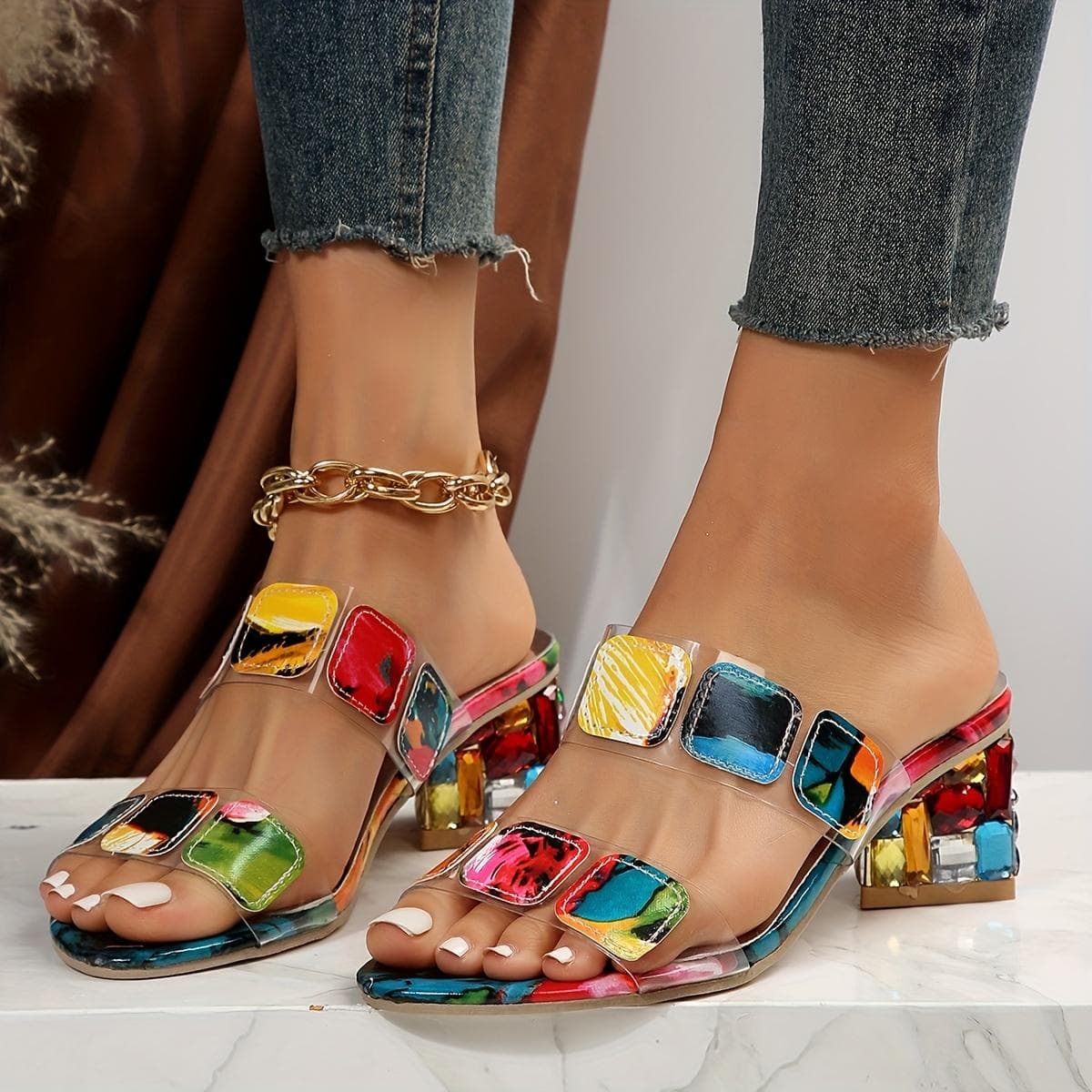 Summer Women's Colorful Chunky Heeled Sandals Rhinestone Decor Slip On Open Toe Mid Heels Stylish Daily Wear Sandals 35 multicolour