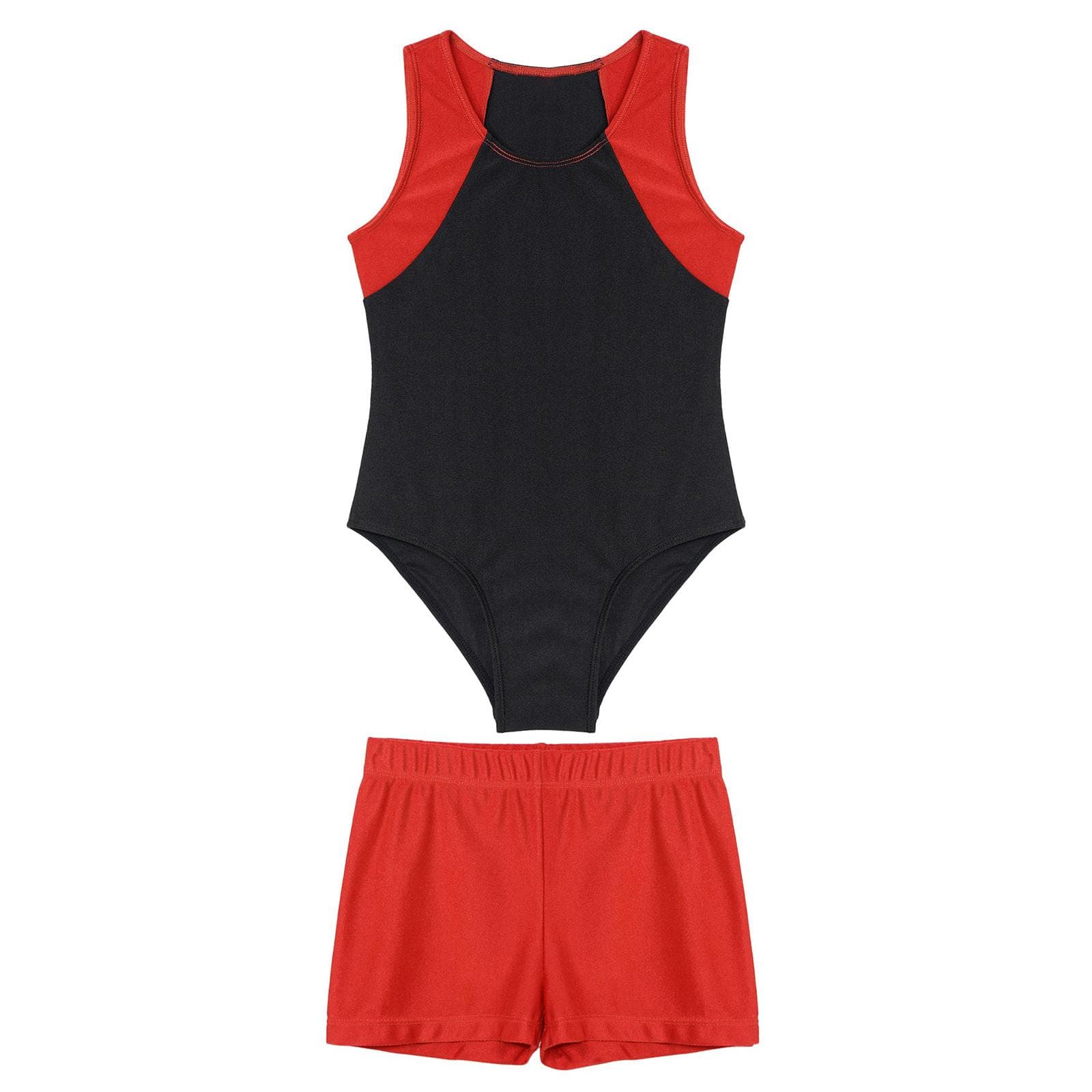 Kids Boys Round Neck Sleeveless Leotard Bodysuit Jumpsuit with Shorts Set for Gymnastic Yoga Workout Competition 5-6 Years red