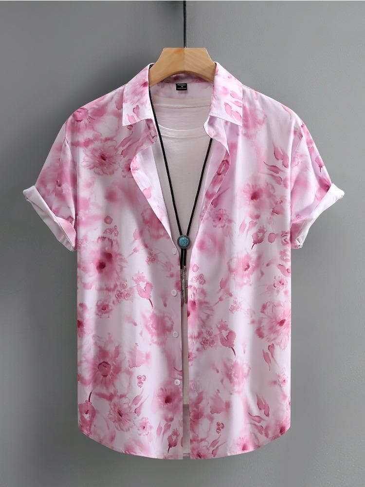 New Men's Shirts Pink Floral Print Beach Summer Casual Short Sleeve Hawaiian Shirt for Men Daily Tops Party Clothes L pink