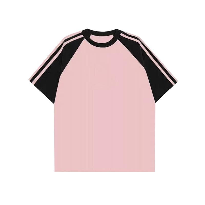 Solid-colorPure Cotton Textured CollaredShoulder Insertion, Contrasting Color Striped Short-sleeved T-shirts for Men and Women M black/pink