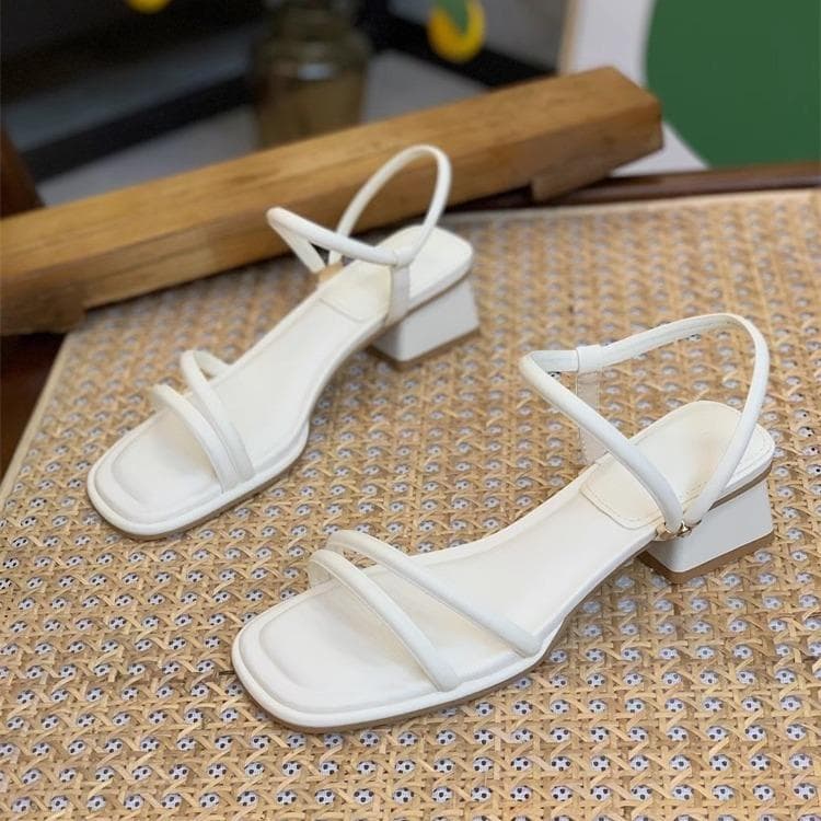 4.5cm High Heels, Summer New Open-toed Square Head Chunky High Heels Fashion One-line Belt Midheel Sandals, Women's Shoes 37